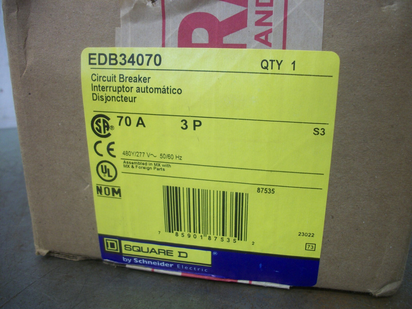 SQUARE D EDB CIRCUIT BREAKER EDB34070 70AMP 480VOLT 3POLE NIB