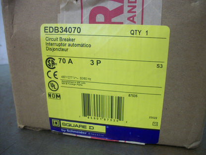 SQUARE D EDB CIRCUIT BREAKER EDB34070 70AMP 480VOLT 3POLE NIB