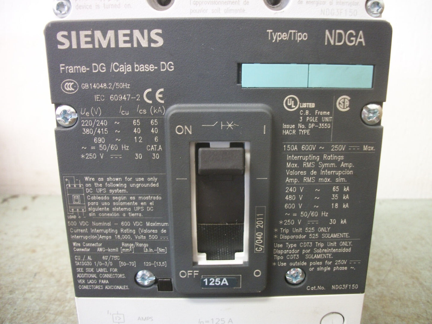 SIEMENS NDGA CIRCUIT BREAKER NDG3F150 150AMP 600VOLT 3POLE W/125A TRIP
