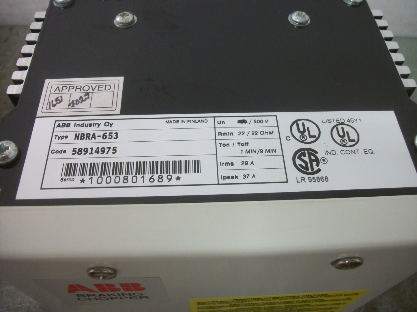 ABB DYNAMIC BRAKE CHOPPER R2/R3 NBRA-653 500VOLT 22 RMIN 22OHM 29AMP NIB