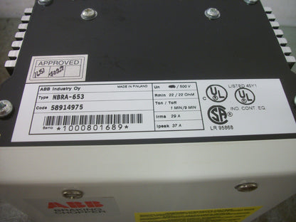 ABB DYNAMIC BRAKE CHOPPER R2/R3 NBRA-653 500VOLT 22 RMIN 22OHM 29AMP NIB