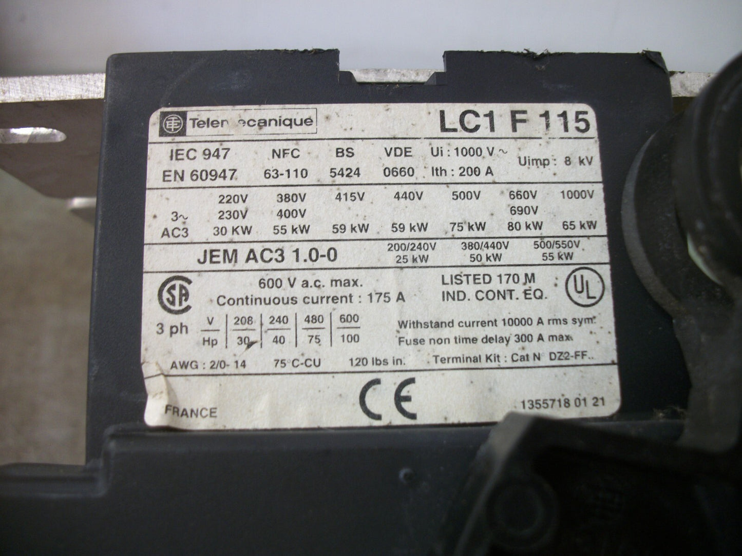 TELEMECANIQUE CONTACTOR LC1F115 175AMP 265/277VCOIL 3PH 600V 100HP