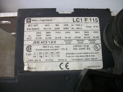 TELEMECANIQUE CONTACTOR LC1F115 175AMP 265/277VCOIL 3PH 600V 100HP