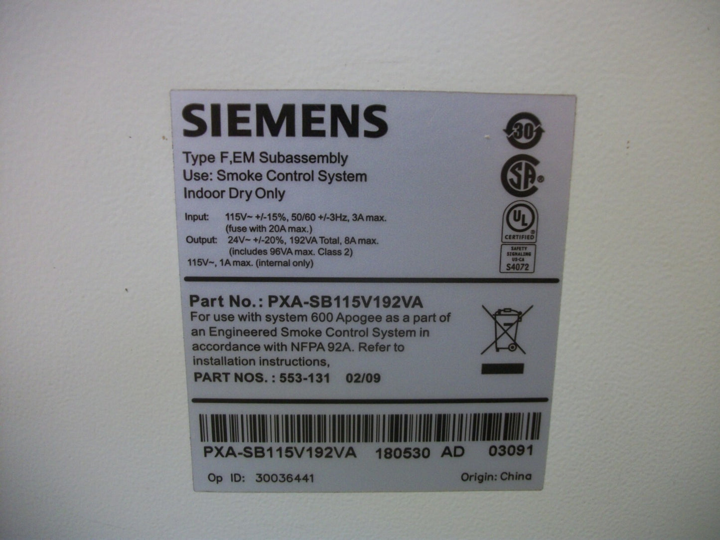 SIEMENS SMOKE CONTROL TYPE F,EM SUBASSEMBLY POWER SUPPLY PXA-SB115V192VA NOB