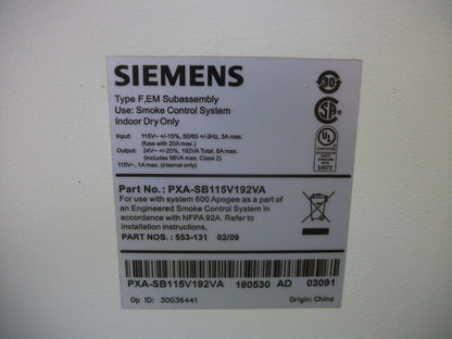 SIEMENS SMOKE CONTROL TYPE F,EM SUBASSEMBLY POWER SUPPLY PXA-SB115V192VA NOB