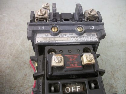 ALLEN-BRADLEY SIZE 1 MOTOR STARTER 509-B0XD 27AMP 120VCOIL 1PH 230VOLT 3HP