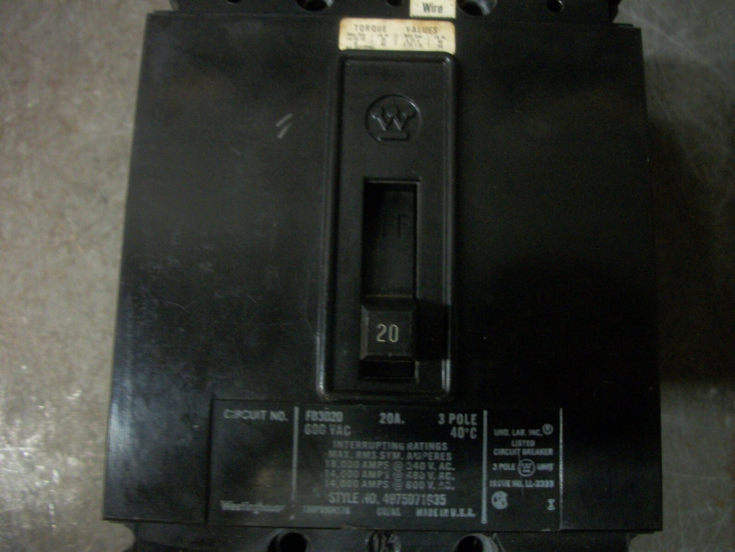 WESTINGHOUSE FB CIRCUIT BREAKER FB3020 20AMP 600VOLT 3POLE