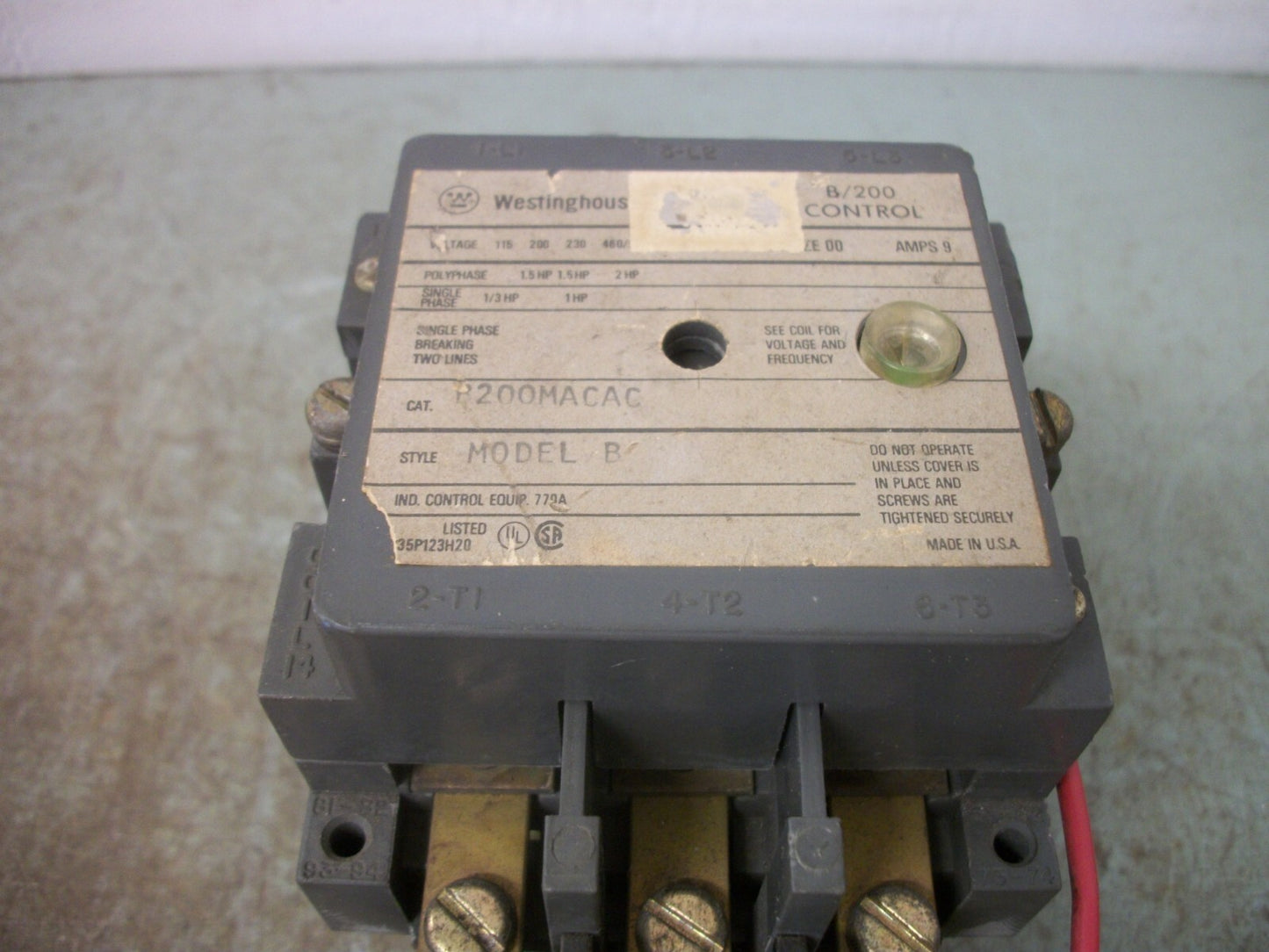 WESTINGHOUSE SIZE 00 MOTOR STARTER A200MACAC 9AMP 120VCOIL 3PH 600V 2HP GRAY