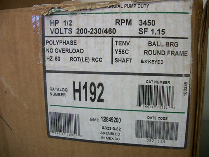 AO SMITH CENTURY 1/2HP TENV Y56C AC MOTOR H192 460VOLT 3450RPM 3PH NIB