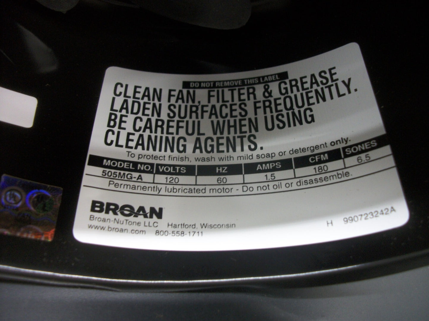 BROAN 8" VERTICAL DISCHARGE VENTILATOR 505MG 180CFM 6.5SONES NIB