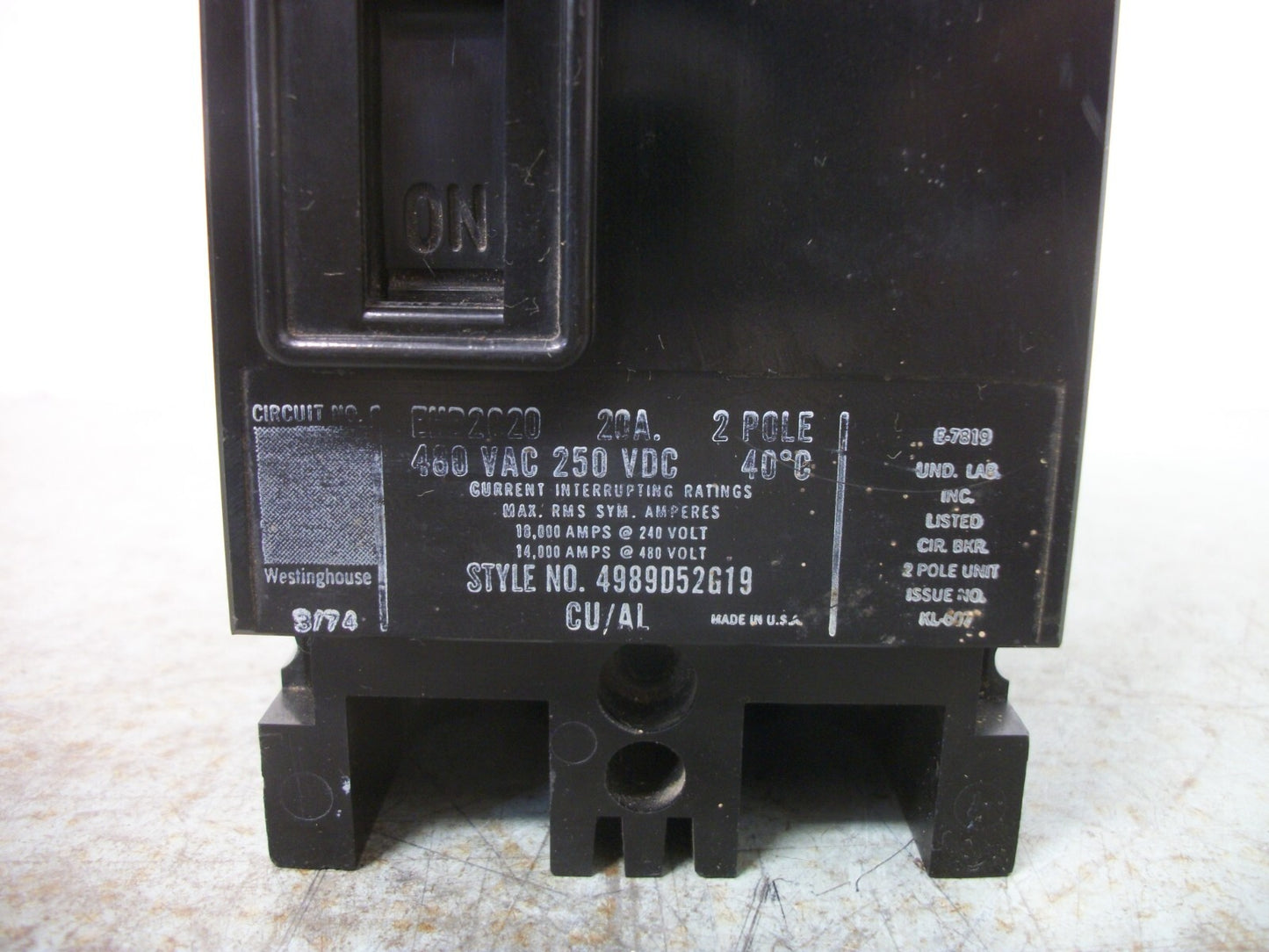 WESTINGHOUSE EHB CIRCUIT BREAKER EHB2020 20AMP 480VOLT 2POLE