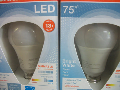 SYLVANIA LOT OF 6 75W 1100 LUMEN BRIGHT WHITE LED BULBS LED12A19/DIM/0/835/U/B N
