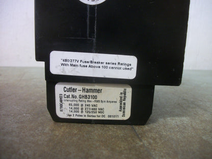 CUTLER-HAMMER GHB CIRCUIT BREAKER GHB3100 100AMP 480VOLT 3POLE NOB