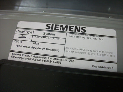SIEMENS P1 LOAD CENTER PANELBOARD BL, BLH, HBL, BLR 100AMP 120/240VOLT 1PH 3W