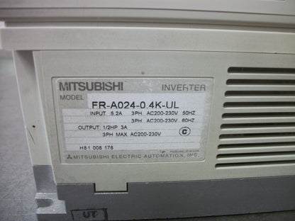 MITSUBISHI FREQROL-A024 1/2HP INVERTER DRIVE FR-A024-0.4K-UL 230VOLT 3PH 3AMP