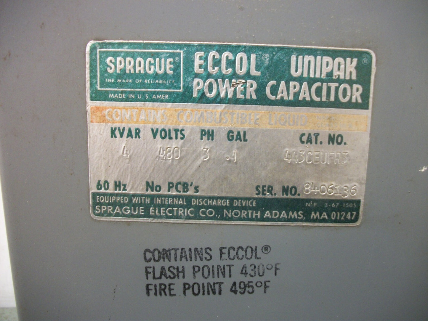 SPRAGUE ECCOL UNIPAK POWER CAPACITOR 443CEUFR3 4KVAR 480VOLT 3PH