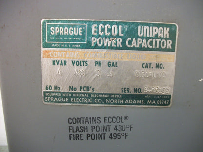 SPRAGUE ECCOL UNIPAK POWER CAPACITOR 443CEUFR3 4KVAR 480VOLT 3PH