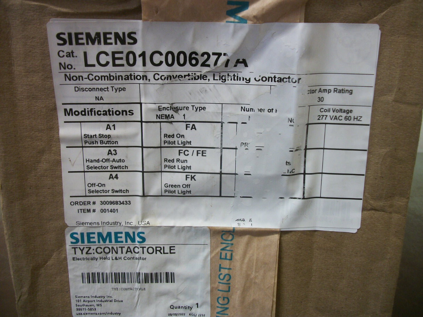 SIEMENS 30AMP ELECTRICALLY HELD L&H CONTACTOR LCE01C006277A 277VCOIL NIB