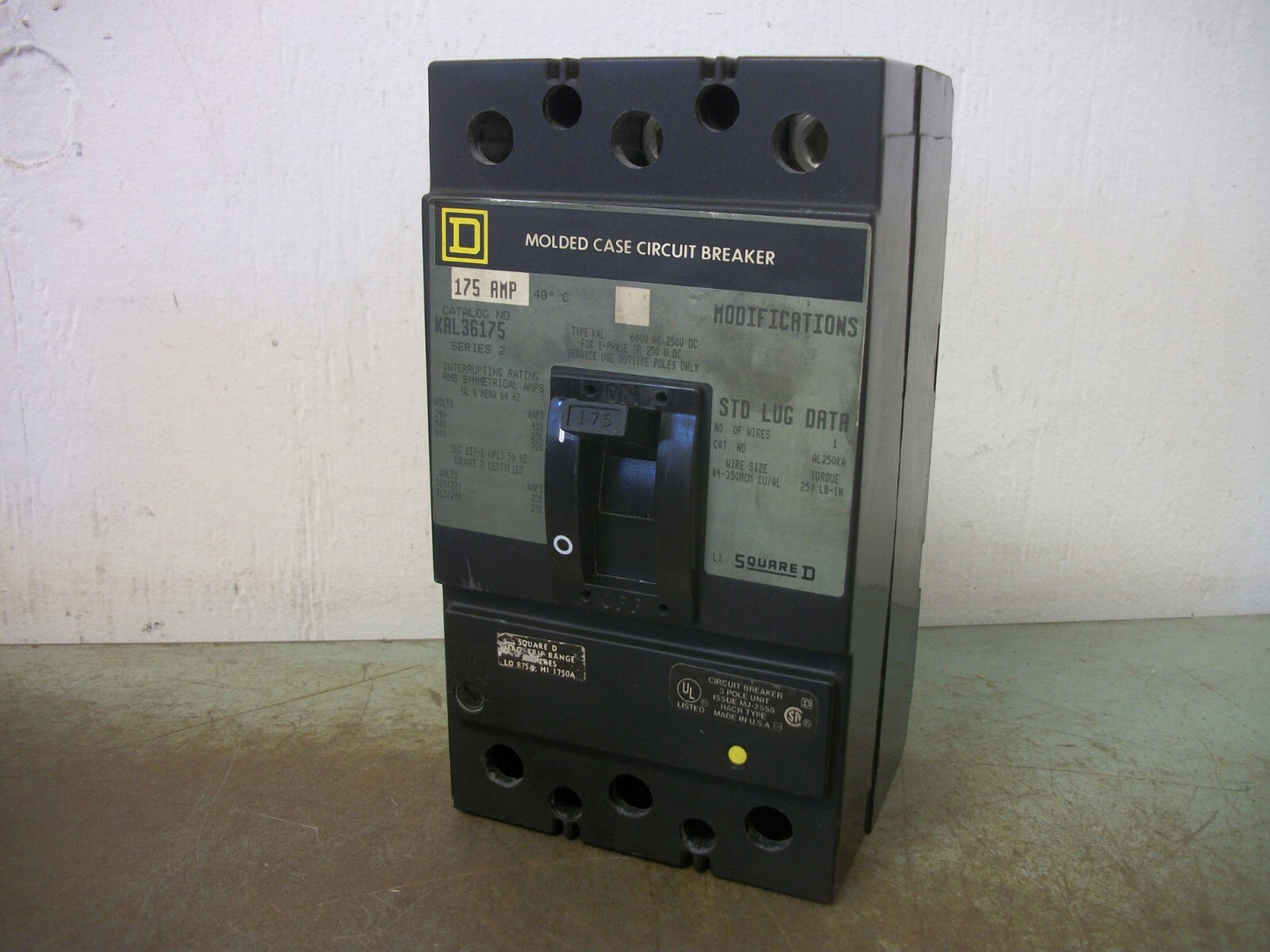 SQUARE D KAL CIRCUIT BREAKER KAL36175 175AMP 600VOLT 3POLE GRAY