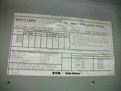 CUTLER-HAMMER DISCONNECT TYPE 3R DH221NRK 30AMP 240VOLT 2POLE FUSIBLE *REFURB*