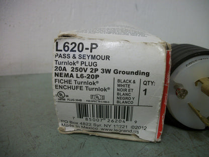PASS & SEYMOUR TURNLOK PLUG L620-P 20AMP 250VOLT 2P 3W+G NIB