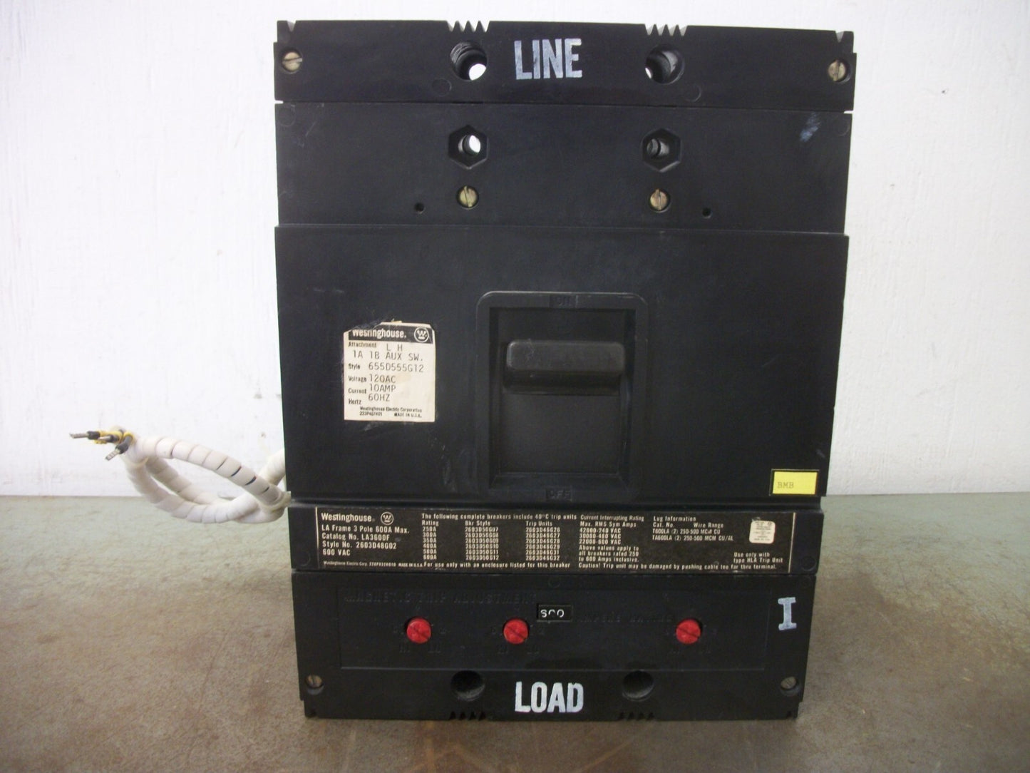 WESTINGHOUSE LA CIRCUIT BREAKER LA3600F 600AMP 600VOLT 3POLE W/600A TRIP + AUX