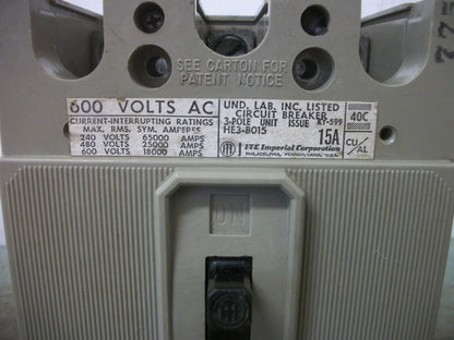 SIEMENS ITE HE CIRCUIT BREAKER HE3B015 15AMP 600VOLT 3POLE
