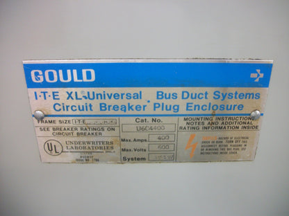 SIEMENS ITE XL CIRCUIT BREAKER BUS PLUG U6C4400 400AMP 600VOLT 3PH W/200A BREAK