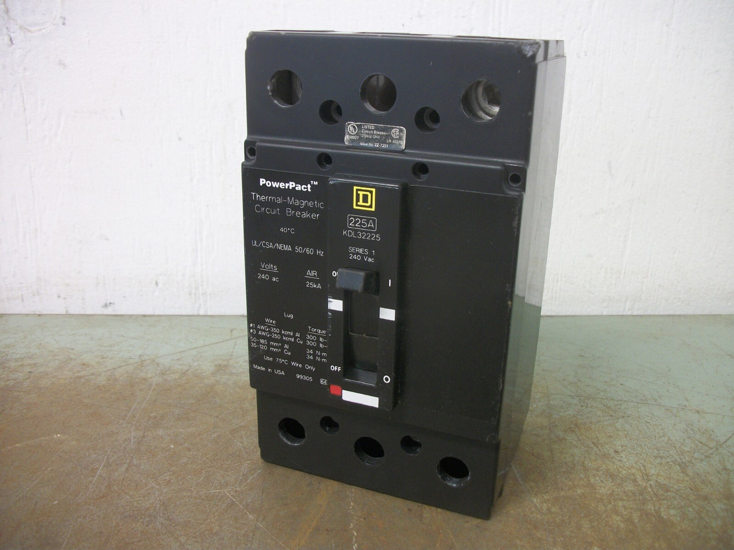 SQUARE D POWERPACT KDL CIRCUIT BREAKER KDL32225 225AMP 240VOLT 3POLE