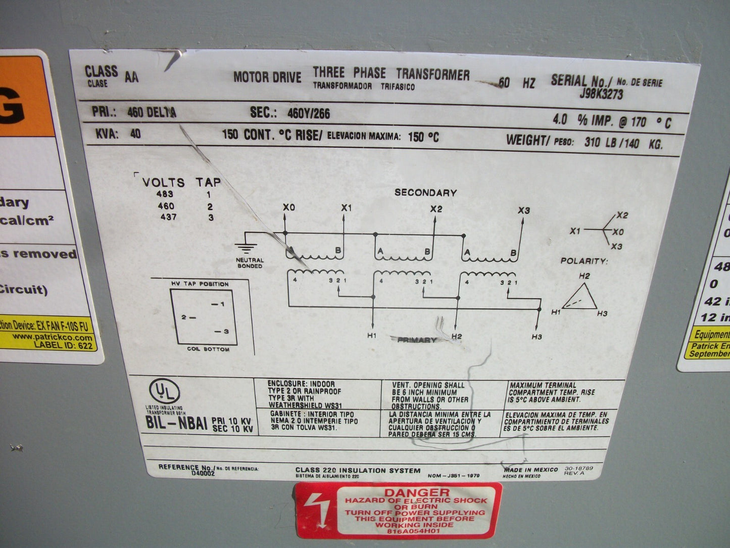 GENERIC 40KVA 3PH TRANSFORMER HV 460D LV 460Y/266