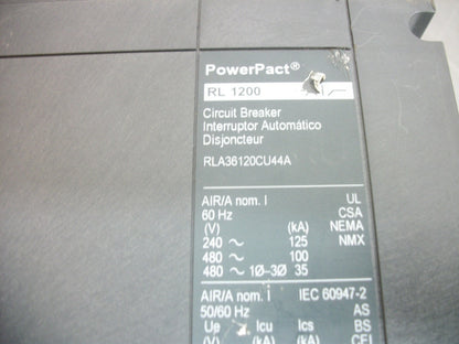 SQUARE D POWERPACT RL CIRCUIT BREAKER RLA361200CU44A 1200AMP 600VOLT 3POLE