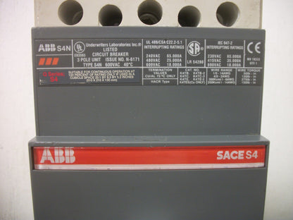 ABB SACE S4 S4N CIRCUIT BREAKER 122160023-001 250AMP 600VOLT 3POLE SHUNT+AUX NOB