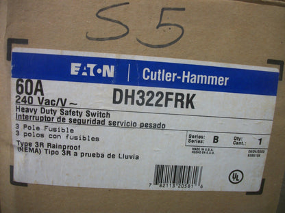 CUTLER-HAMMER DISCONNECT TYPE 3R DH322FRK 60AMP 240VOLT 3POLE FUSIBLE NIB