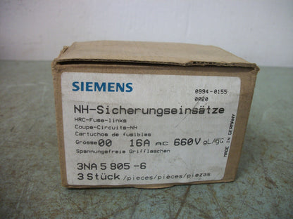 SIEMENS BOX OF 3 HRC FUSE LINKS 3NA5 805-6 16AMP 660VOLT NIB