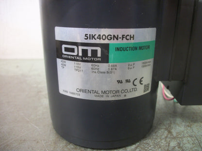 ORIENTAL MOTOR 40WATT INDUCTION MOTOR 5IK40GN-FCH 115VOLT 1500RPM NOB