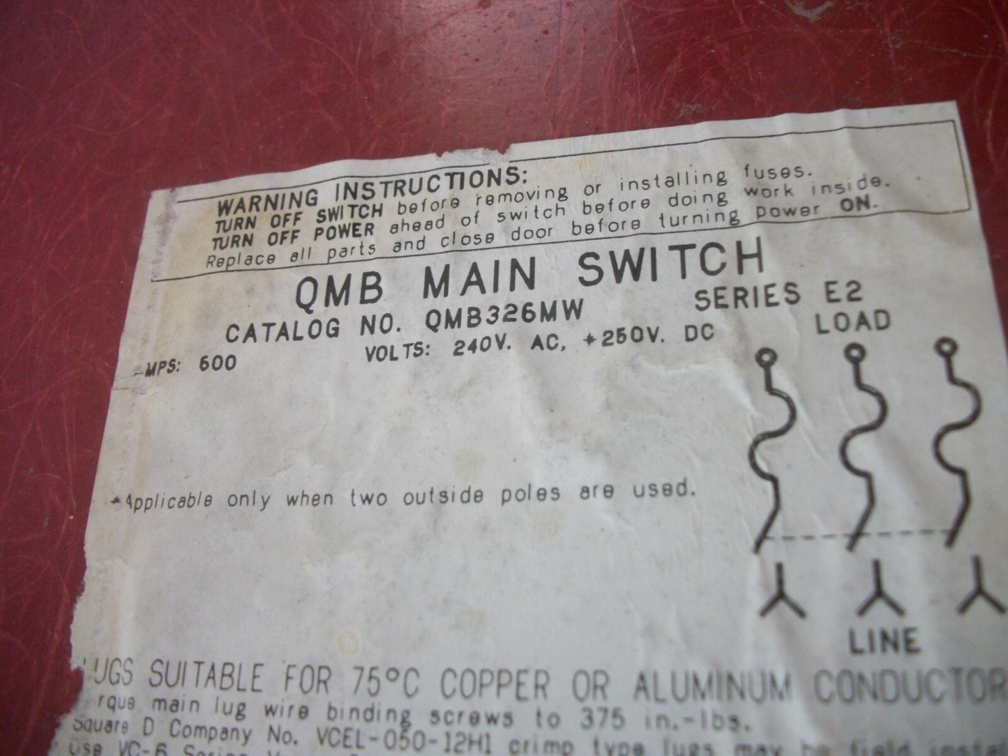 SQUARE D QMB FUSIBLE PANELBOARD BRANCH SWITCH QMB326MW 600AMP 240VOLT 3POLE REFU