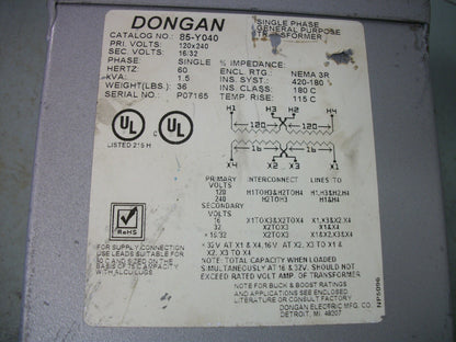 DONGAN 1.5KVA 1PH TRANSFORMER 85-Y040 HV 120X240 LV 16/32