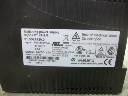 WIELAND WIPOS P1 24-2.5 SWITCHING POWER SUPPLY 81.000.6120.0 24VDC 2.5AMP