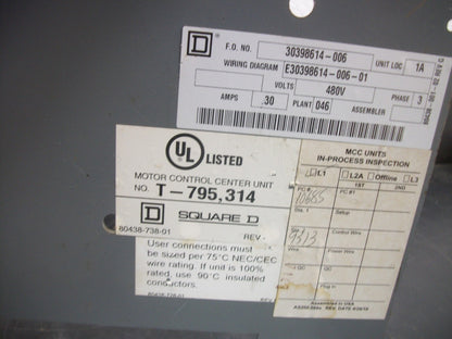 SQUARE D MCC BREAKER FEEDER BUCKET HJL36030 30AMP