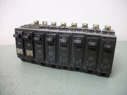 GE LOT OF 8 THQB CIRCUIT BREAKERS THQB1115 15AMP 240VOLT 1POLE OLD