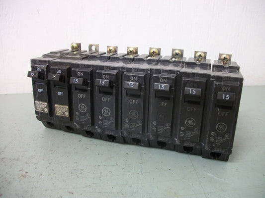 GE LOT OF 8 THQB CIRCUIT BREAKERS THQB1115 15AMP 240VOLT 1POLE OLD