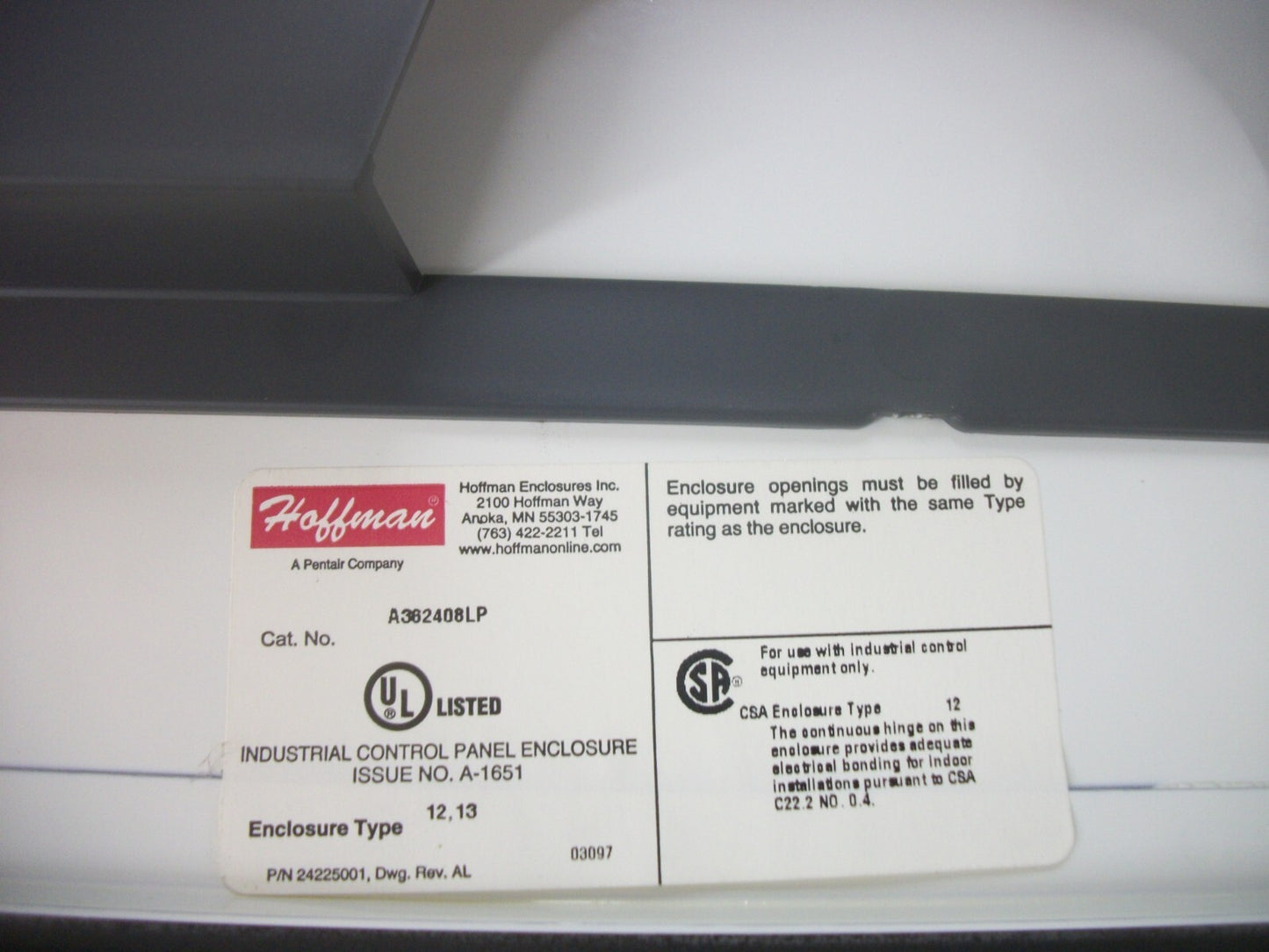 HOFFMAN 36 X 24 X 8 ENCLOSURE TYPE 12,13 A362408LP