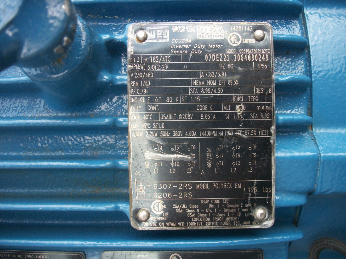 WEG 3HP 182/4TC TEFC AC MOTOR 00318XT3ER182TC 460VOLT 3PH 1760RPM NOB