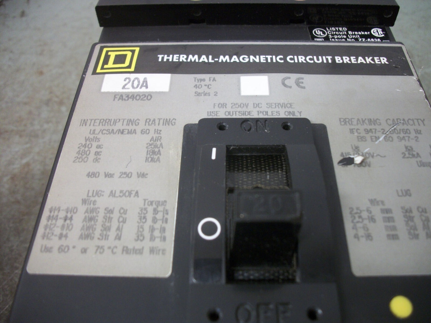 SQUARE D I-LINE FA CIRCUIT BREAKER FA34020 20AMP 480VOLT 3POLE GRAY