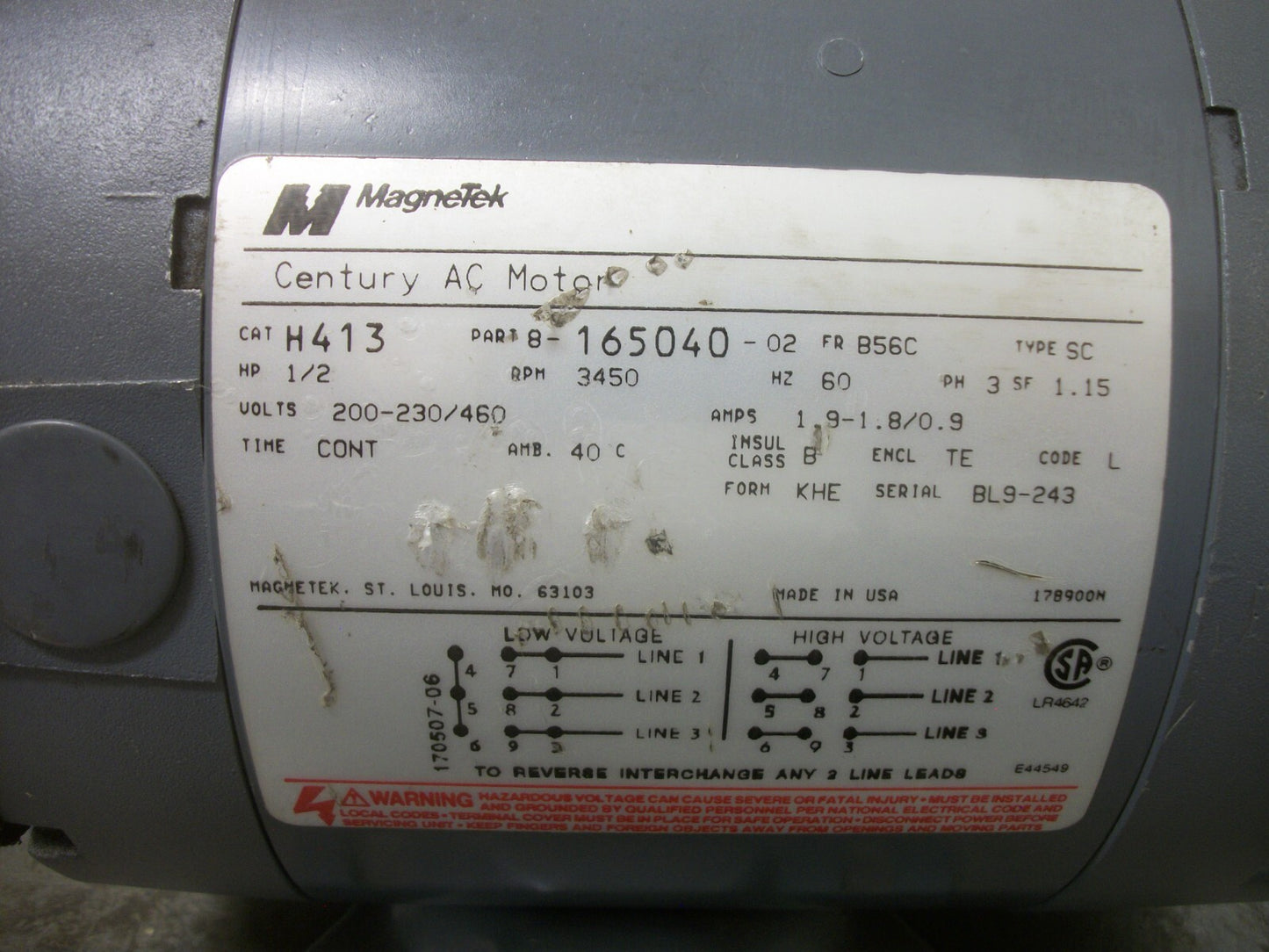 MAGNETEK 1/2HP B56C TE AC MOTOR H413 460VOLT 3PH 3450RPM NOB