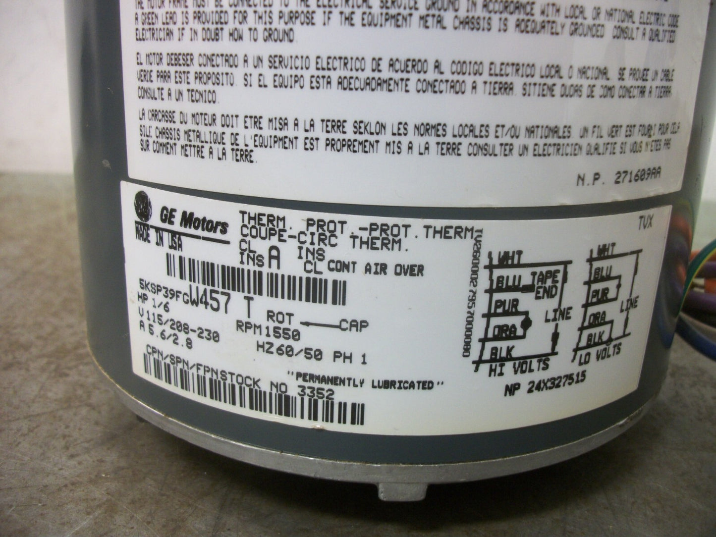 GE 1/6HP HVAC FAN BLOWER ELECTRIC MOTOR 5KSP39FGW457 230VAC 1550RPM 1PH