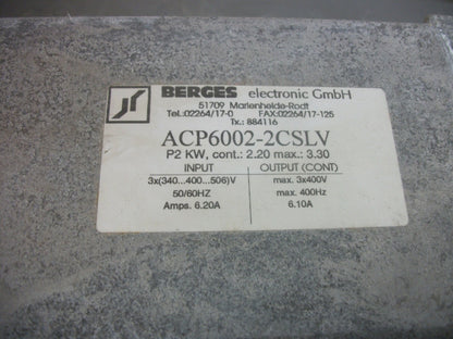 BERGES 3.3KW ELECTRONIC GmbH INVERTER DRIVE ACP6002-2CSLV 400VOLT 6.10AMP