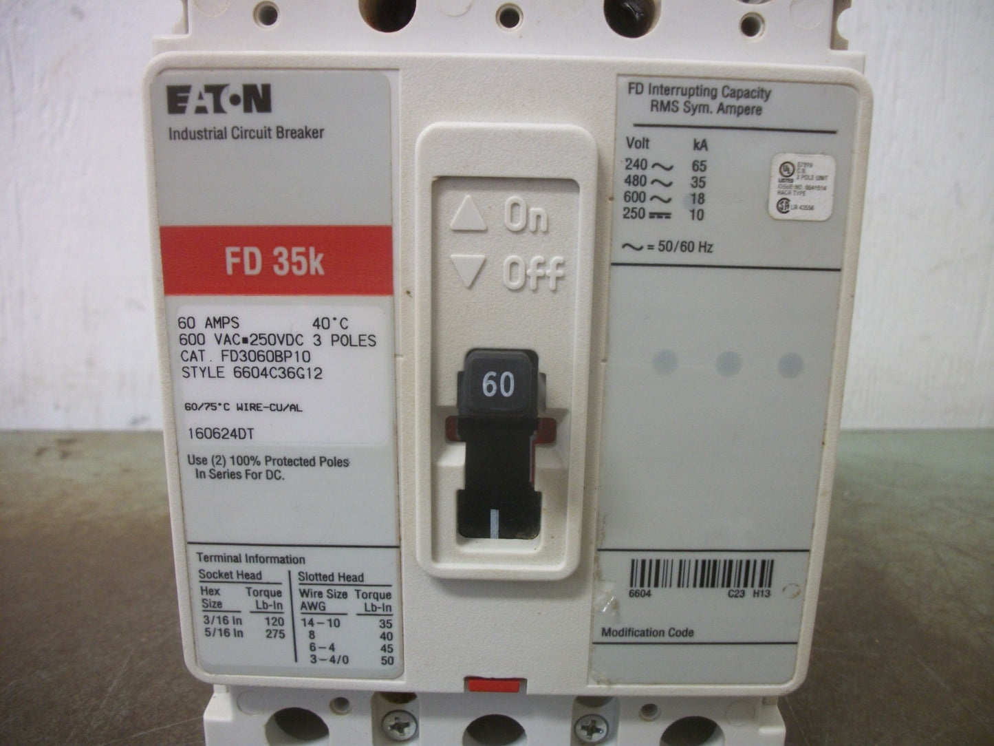 CUTLER-HAMMER FD CIRCUIT BREAKER FD3060BP10 60AMP 600VOLT 3POLE RED NOB