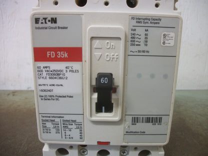CUTLER-HAMMER FD CIRCUIT BREAKER FD3060BP10 60AMP 600VOLT 3POLE RED NOB
