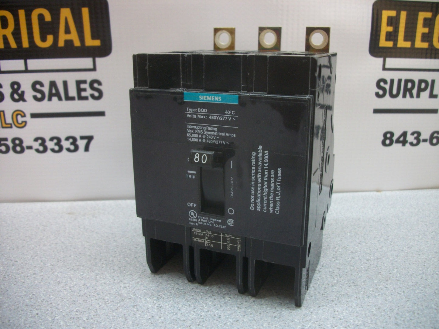 SIEMENS BQD CIRCUIT BREAKER BQD380 80AMP 480VOLT 3POLE